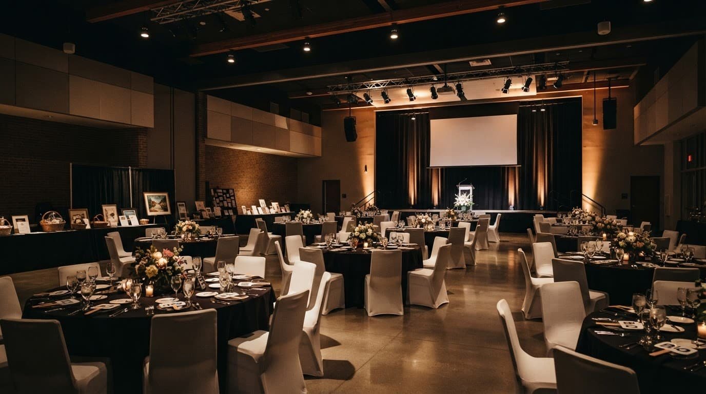 New Hampshire Fundraiser DJ Planning That Moves Donors Empty banquet hall with round tables, auction displays, and a lit stage.