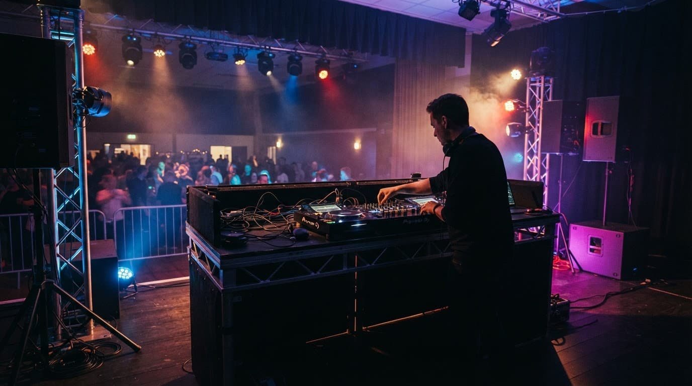 Concord NH DJ Guide for Better Community Events A DJ works behind a mixing console beside speakers and colorful stage lights.