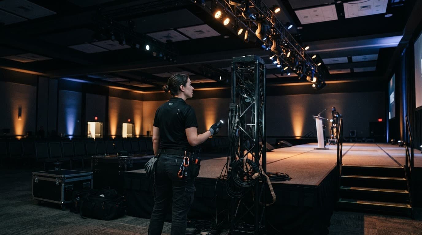 A lighting technician checks stage fixtures and cables in a dark corporate ballroom.