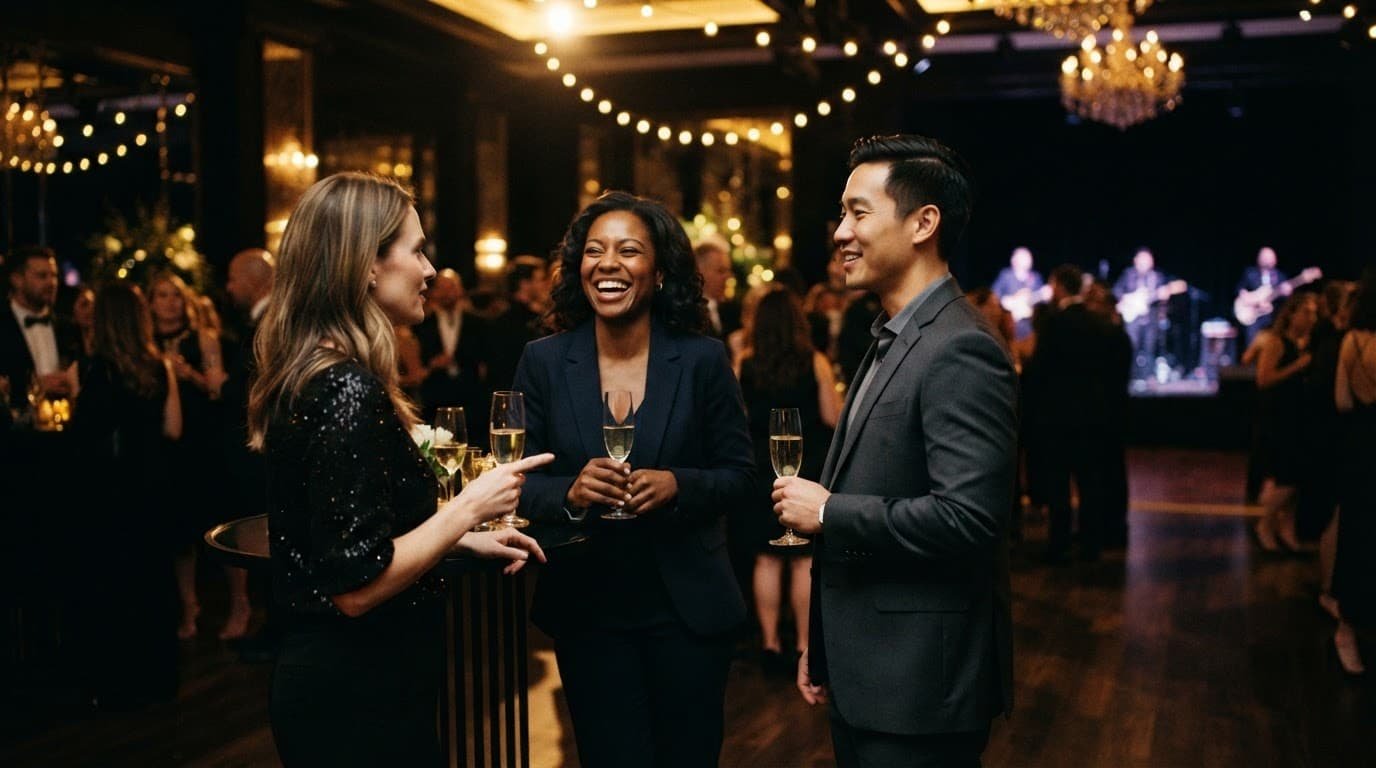 Three coworkers chat in a warmly lit ballroom at a corporate celebration.