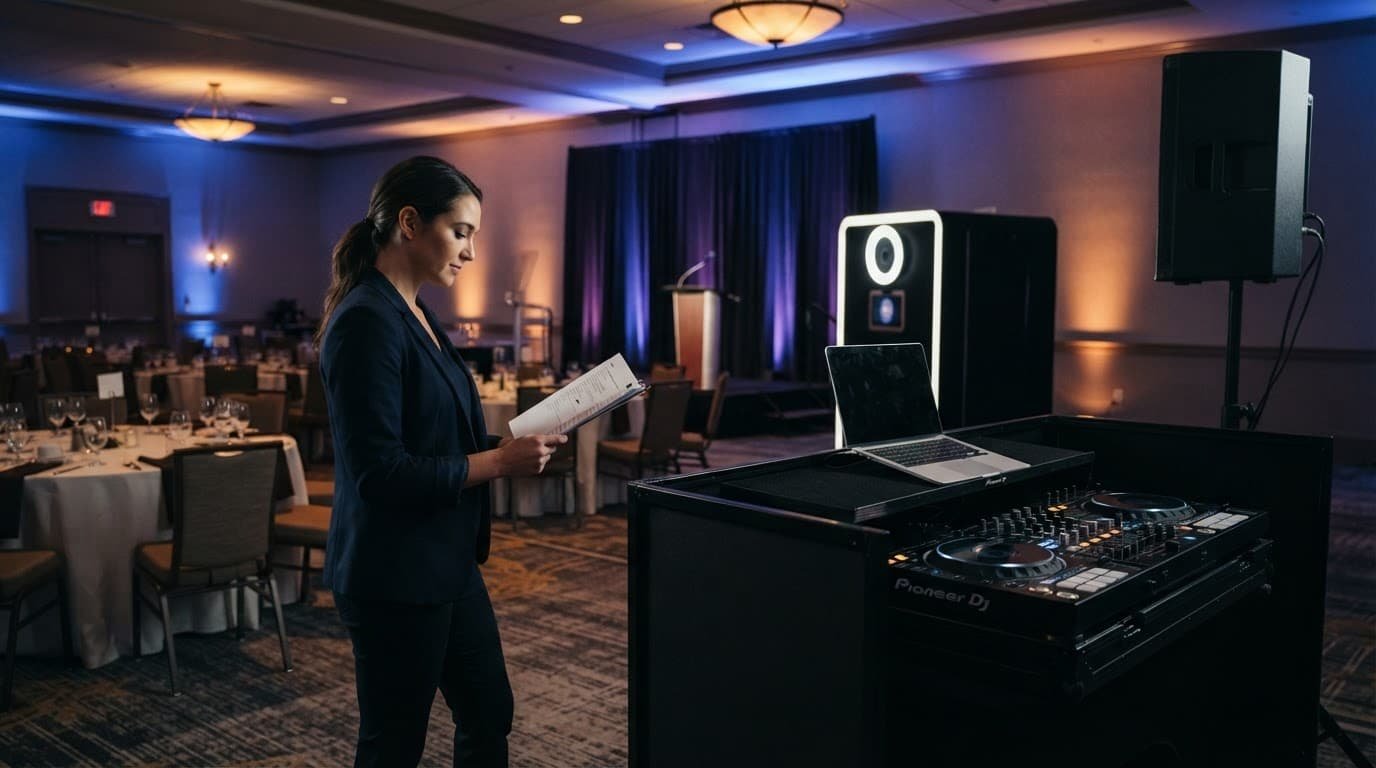 Planner beside DJ equipment in a warmly lit hotel ballroom.