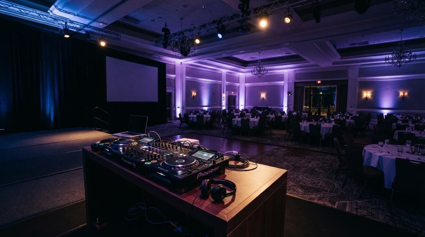 DJ mixing console on a sleek table in a lit corporate ballroom.