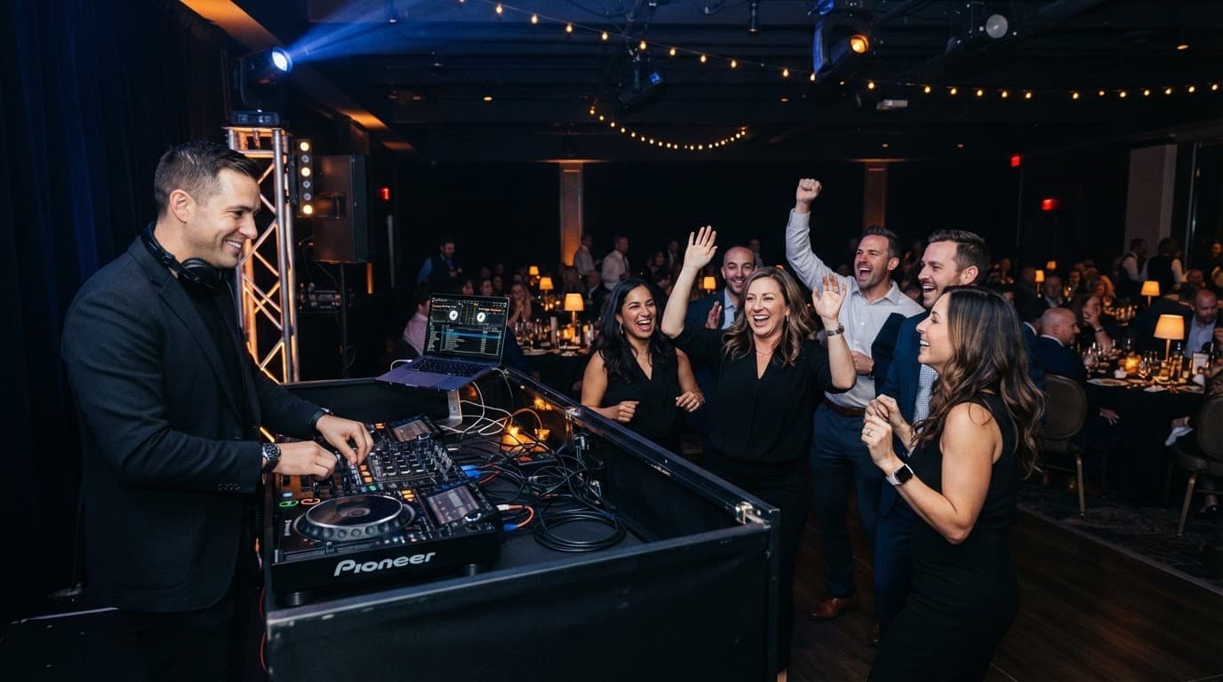 A DJ leads smiling corporate guests with raised hands on a lit dance floor.