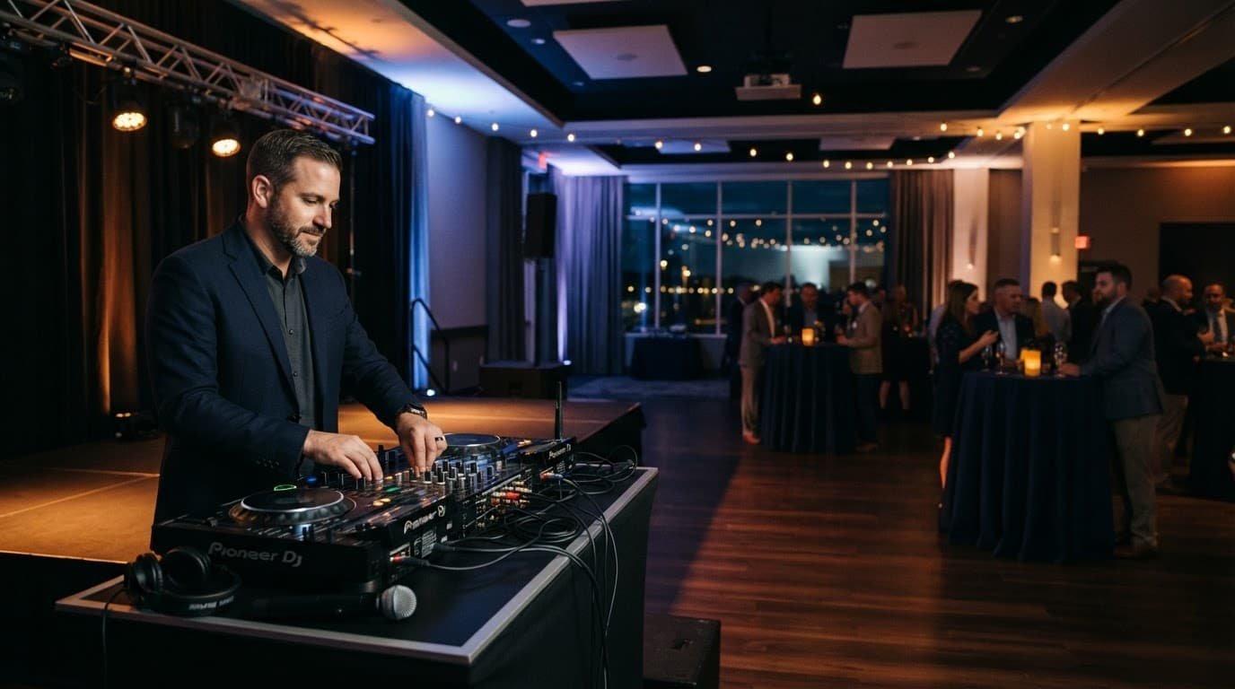 Portsmouth NH DJ Planning for Private and Corporate Events DJ managing a mixer beside cocktail tables and a small stage at a corporate reception.