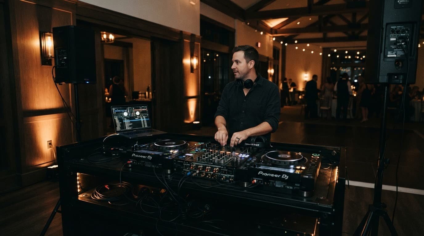 A DJ operates professional sound equipment at an upscale corporate event venue.