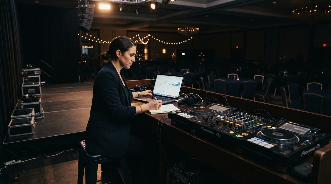 An event planner reviews a laptop beside a DJ console in an empty ballroom.