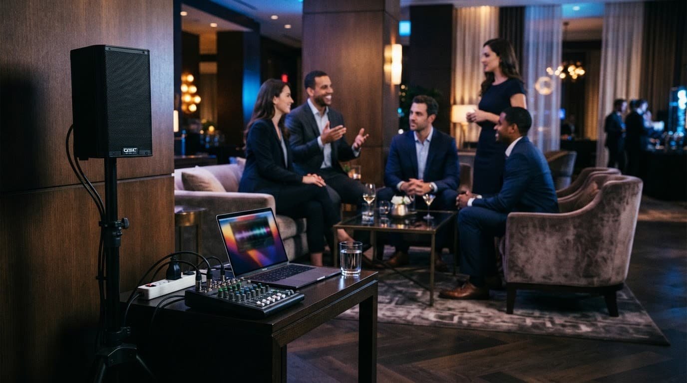 A speaker, laptop, and mixer sit near four guests talking in a hotel lounge.