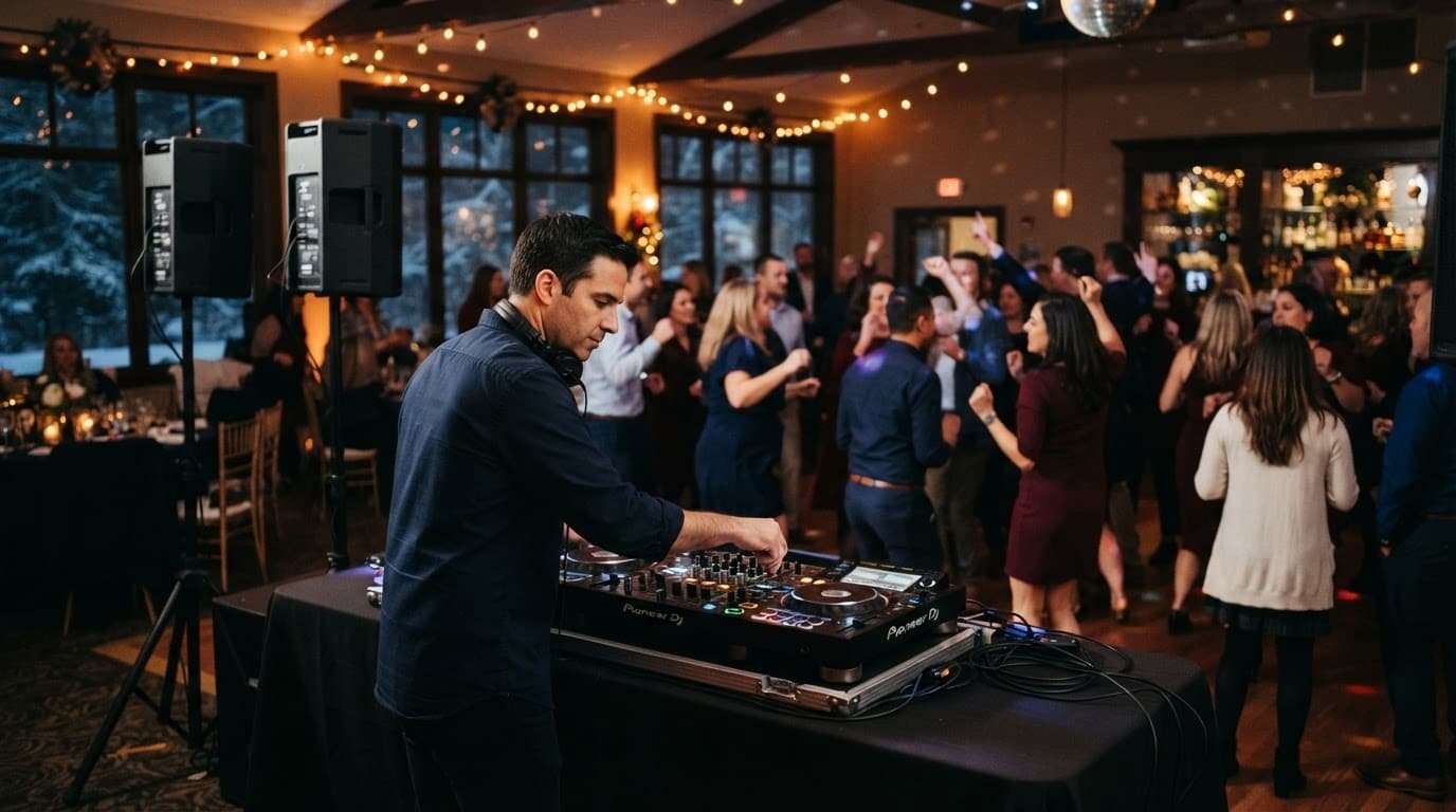 A DJ adjusts a mixer as employees dance under warm lights.