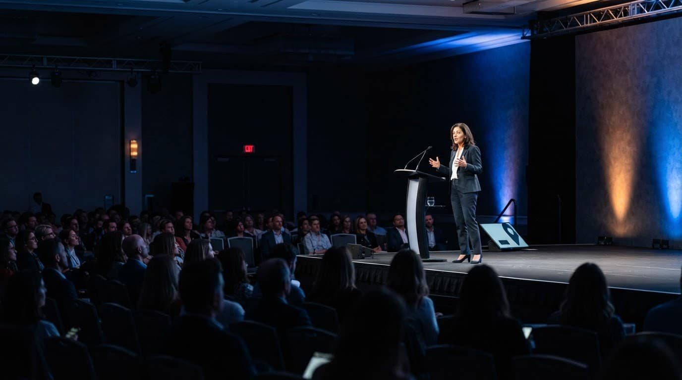 A speaker addresses a seated audience on a blue and amber lit ballroom stage.