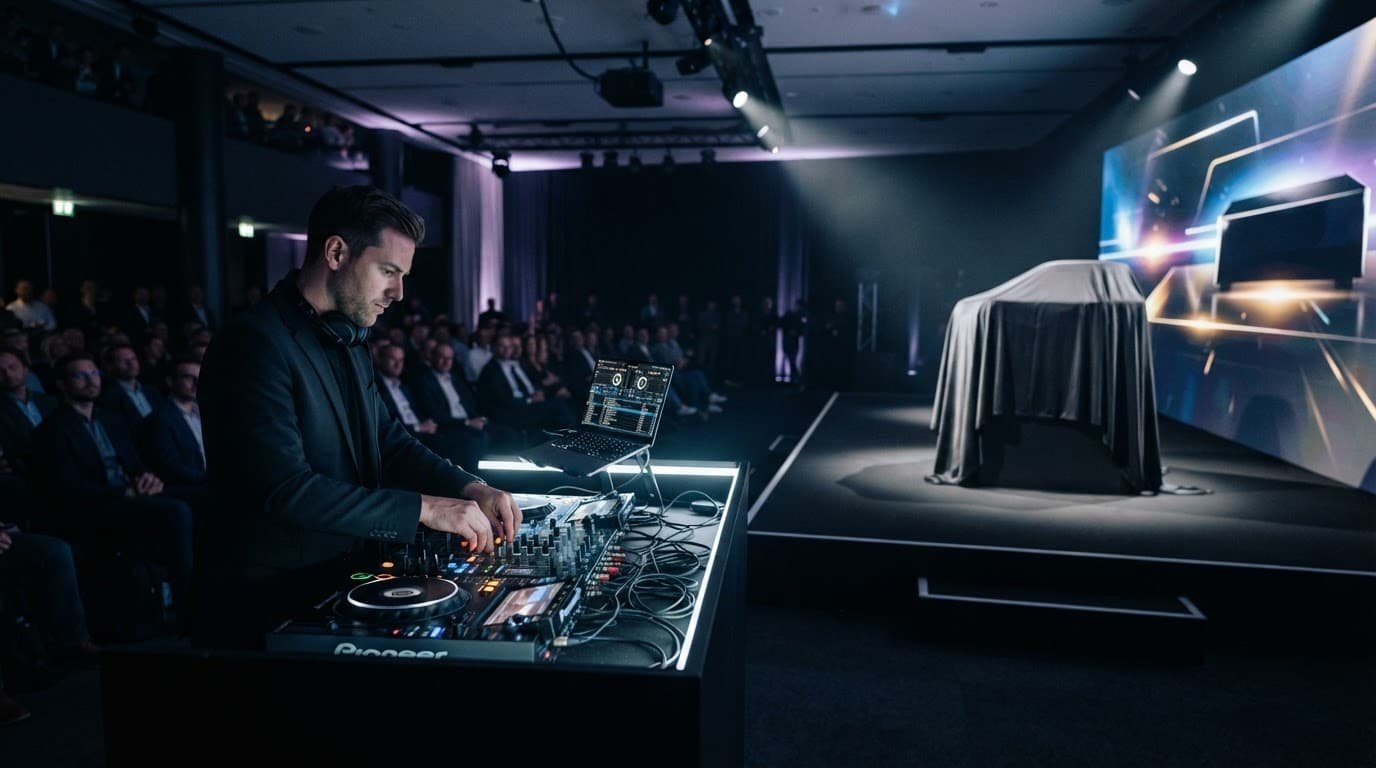 Product Launch DJ Music and Reveal Cues That Land A DJ performs beside a covered device on a corporate presentation stage.
