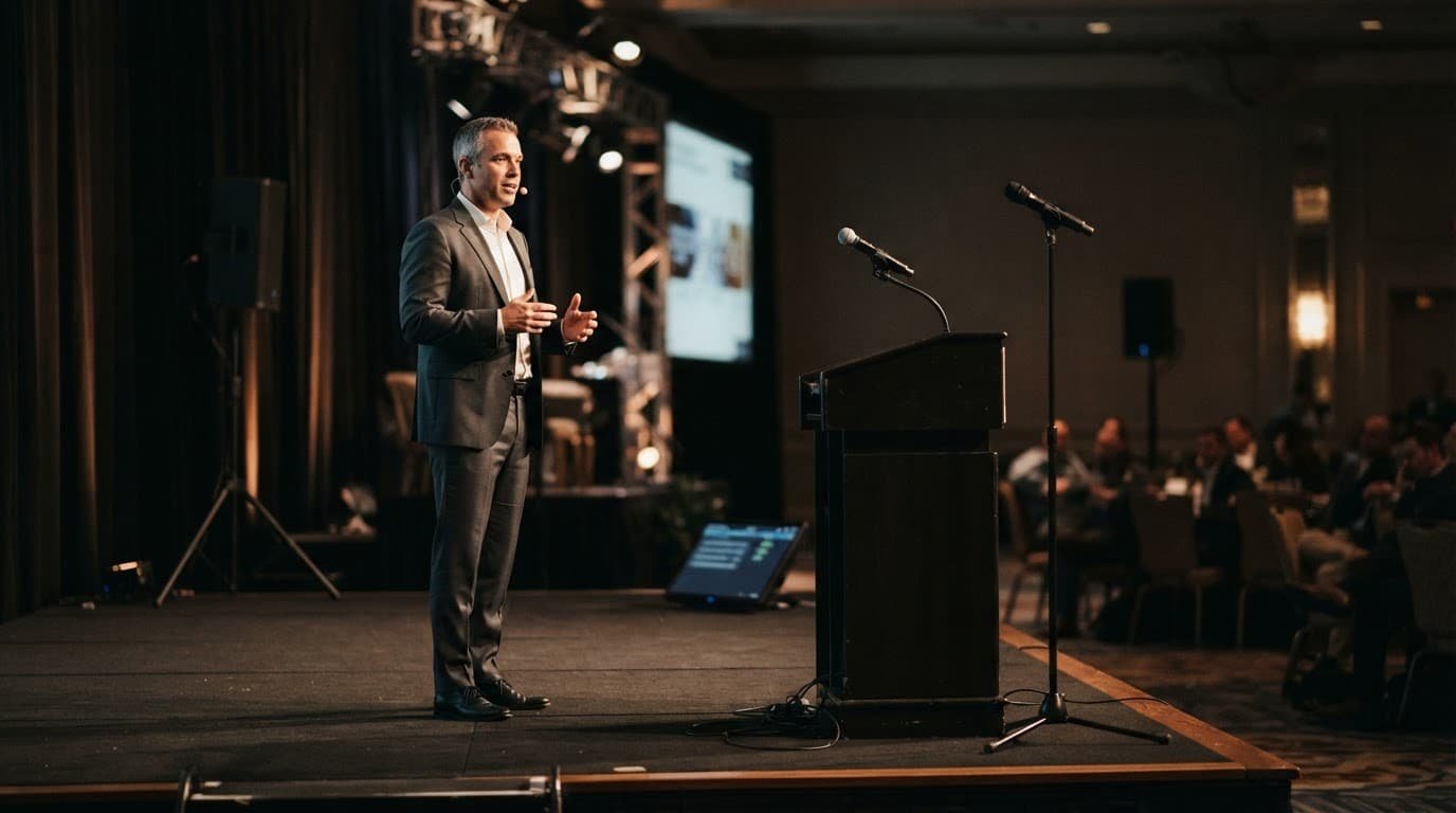 A speaker on a hotel ballroom stage beside three different microphones.