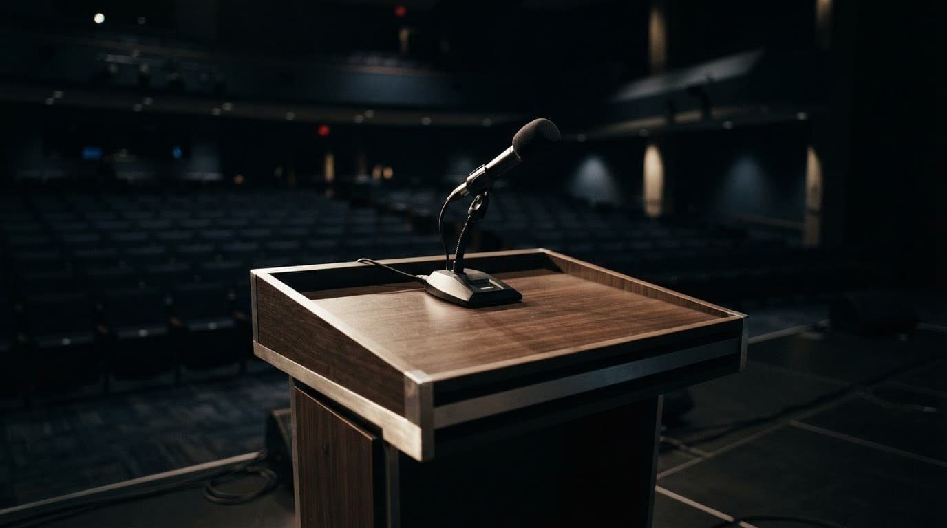 A wireless microphone on a podium in a brightly lit conference hall.