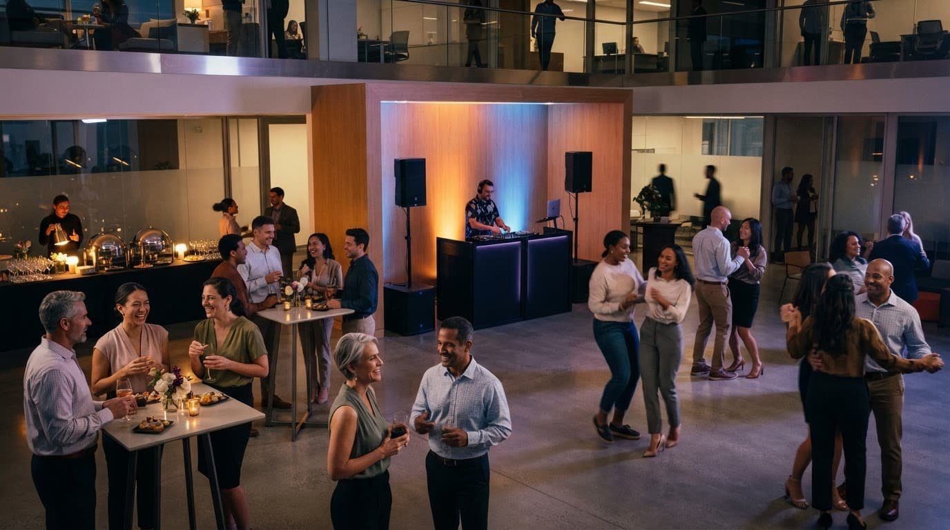 Colleagues network and dance near a DJ booth in a bright modern event space.