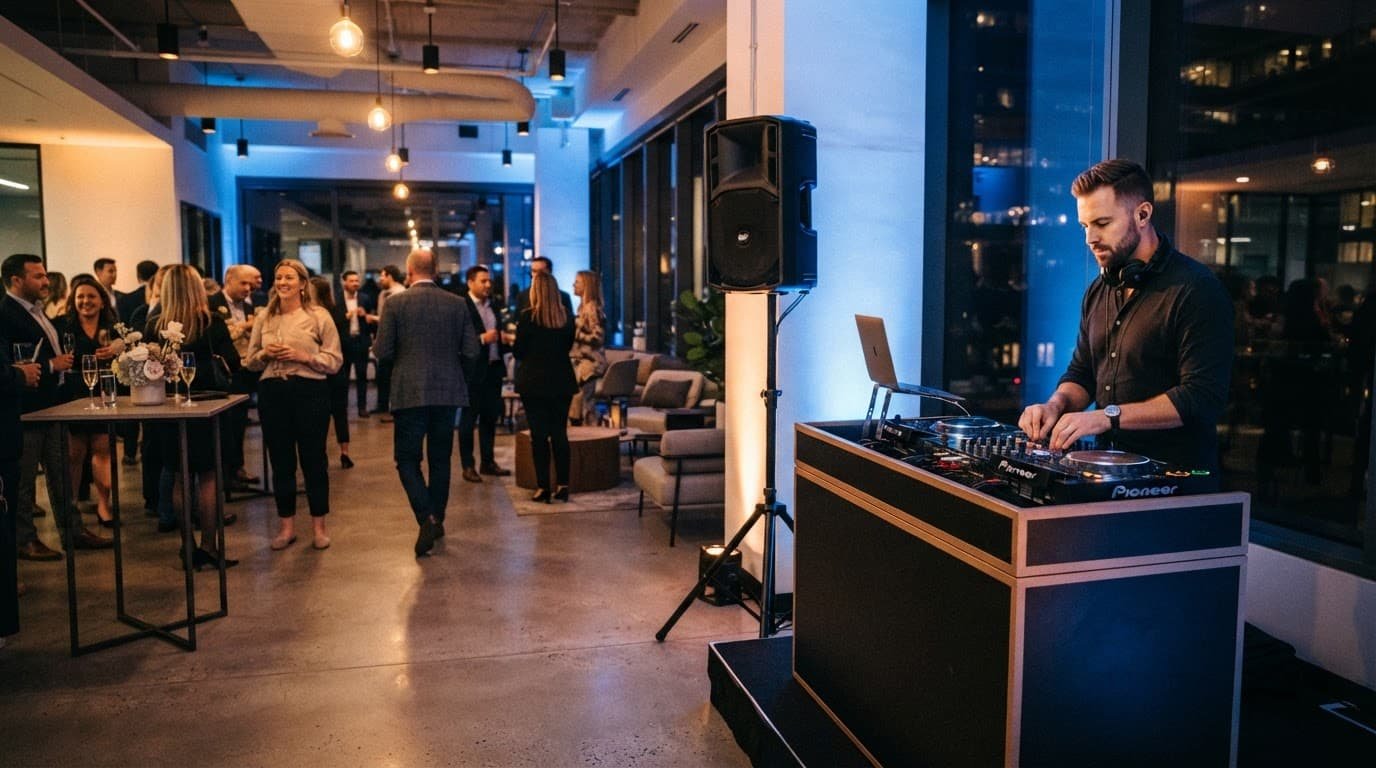 A DJ performs beside speakers as colleagues network in a warmly lit office event space.