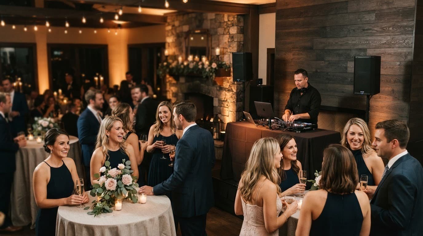 Cocktail Wedding Music That Keeps Guests Talking A wedding DJ plays music while guests mingle at cocktail tables.