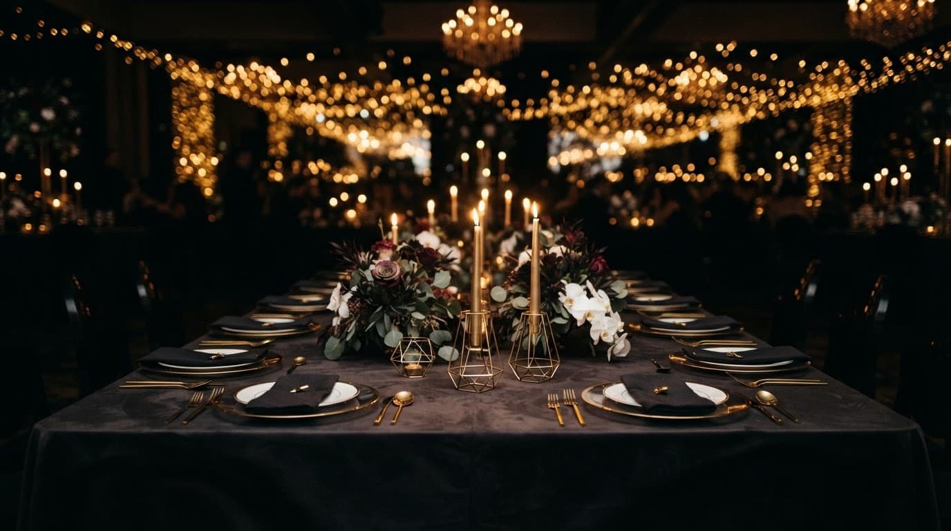 Prom Theme Ideas Students Will Get Behind A dark banquet table with gold candle holders and glowing lights behind it.