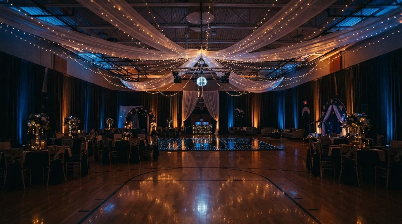 Empty gym decorated for prom with blue lighting, overhead décor, and white ceiling drapes.
