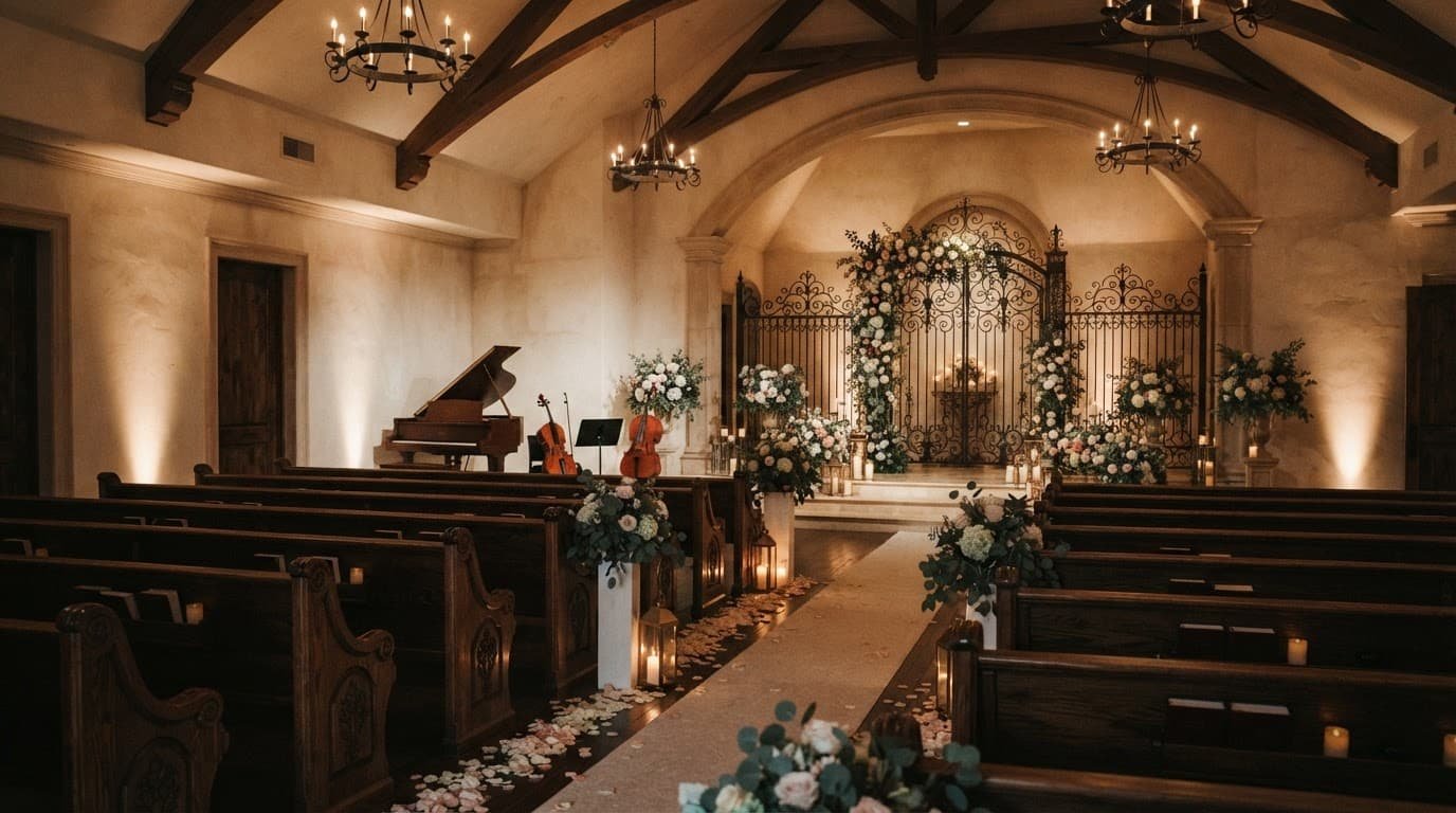 An elegant wedding venue with wooden pews, string instruments, and warm lighting.