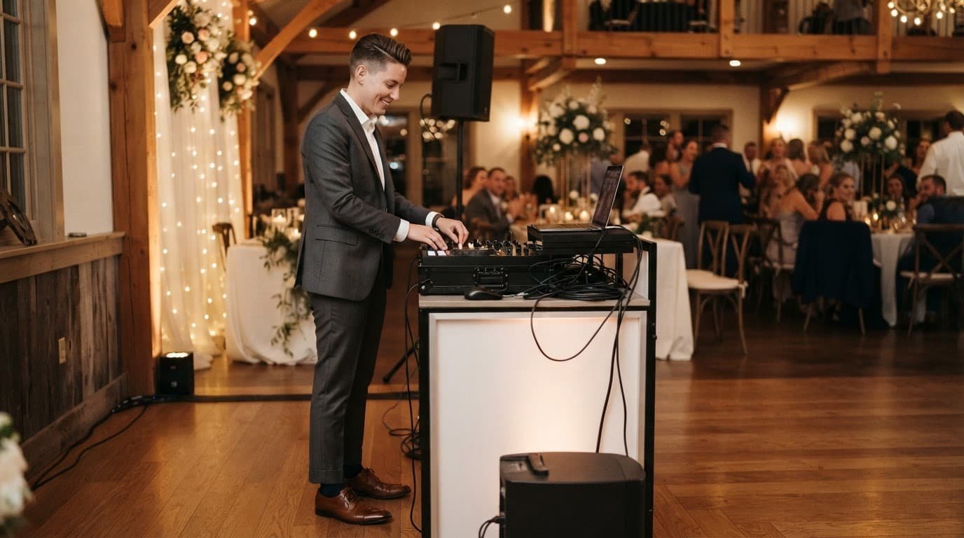 A professional DJ in a dark suit stands beside a booth at a warmly lit reception.