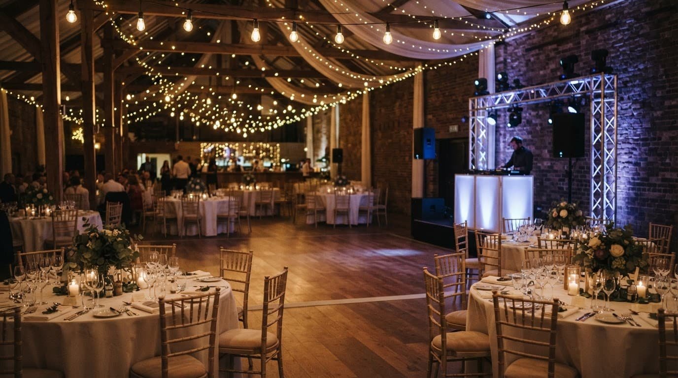 Wedding reception venue with a DJ booth, decorated tables, string lights, and one distant person.