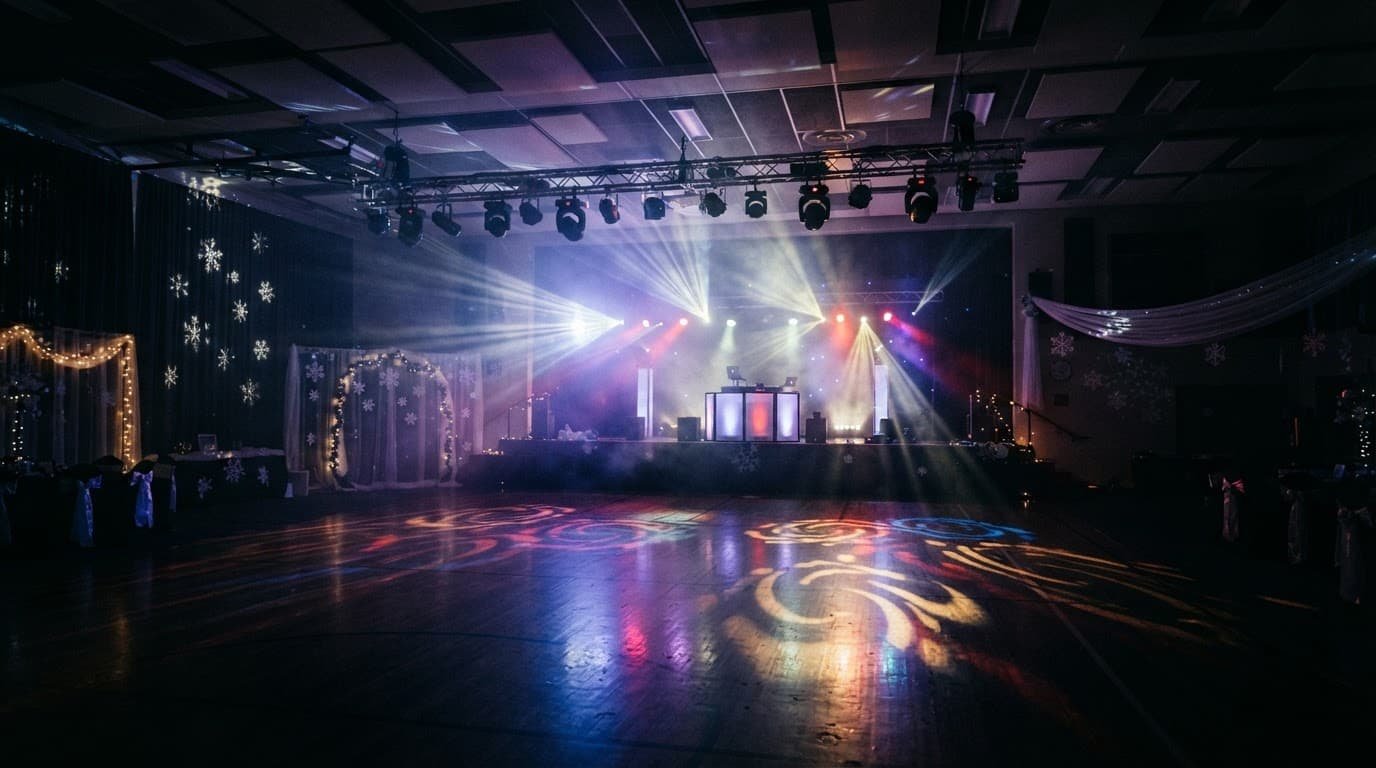 An empty winter dance venue lit by colorful moving lights.