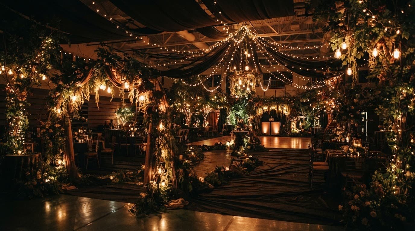Prom Theme Ideas Students Will Get Behind A decorated gym with greenery arches and glowing string lights for a forest-themed prom.