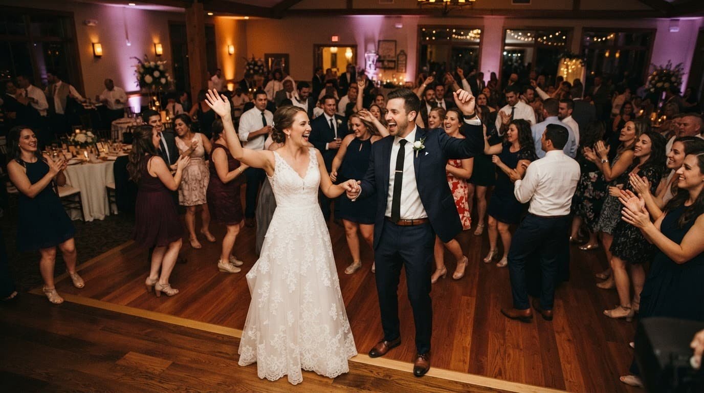 Newlywed couple invites guests onto a warmly lit dance floor.