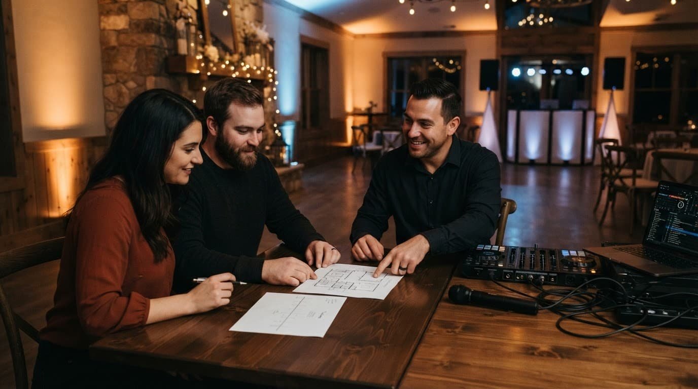 A couple plans an engagement party with a DJ at a warmly lit venue table.