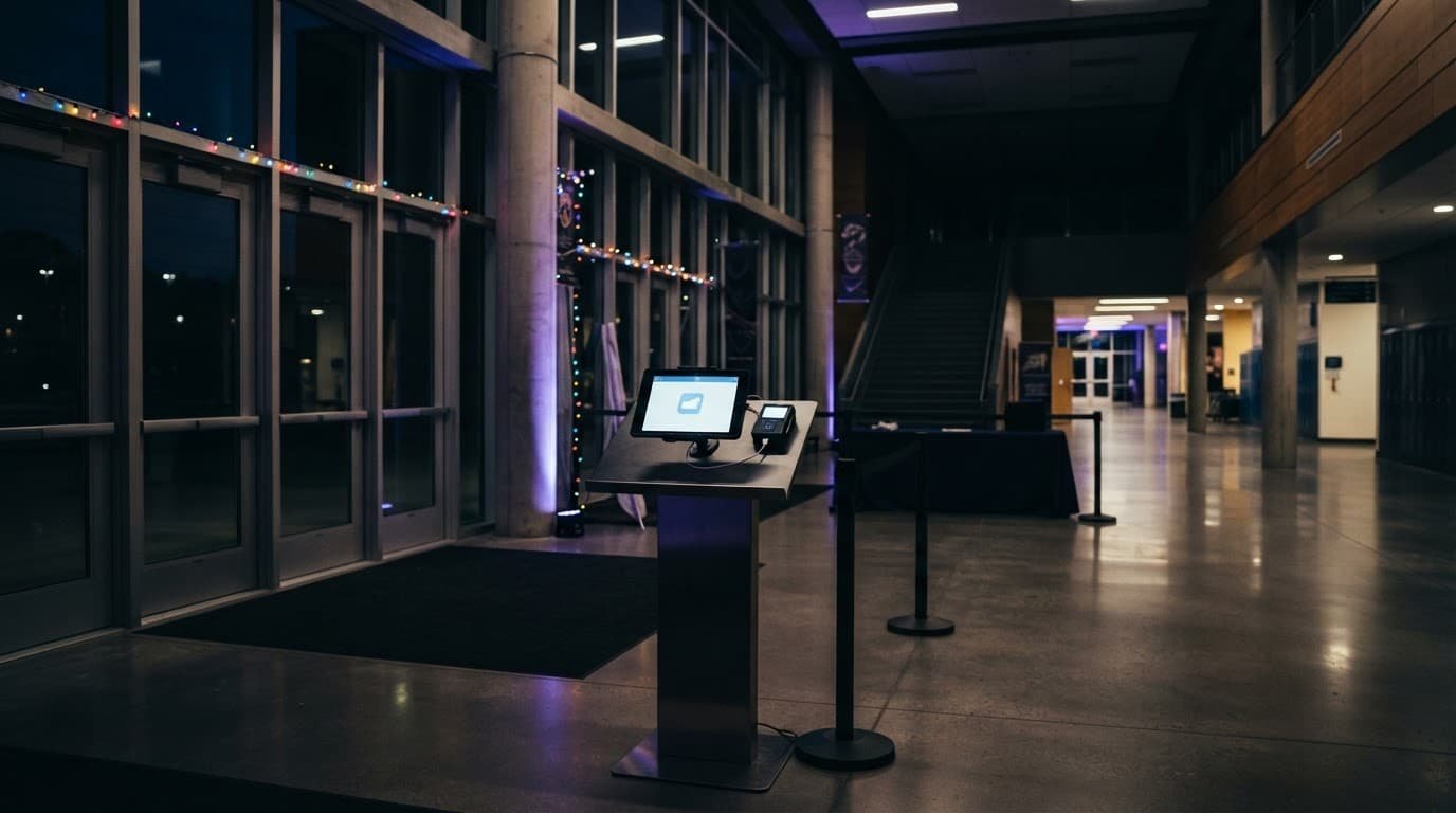 A tablet on a podium in a dramatically lit school entrance lobby.