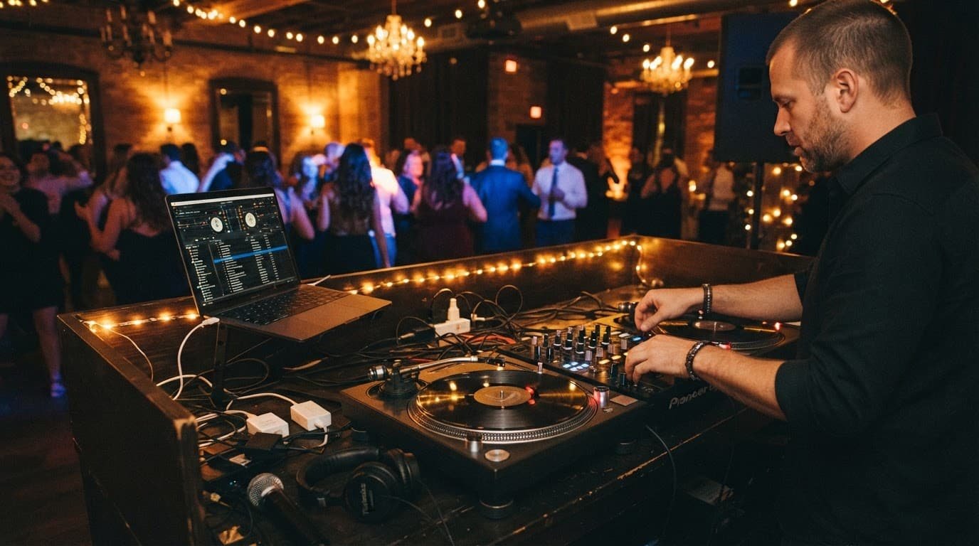 DJ turntables and audio equipment glow under warm lights at an evening celebration.
