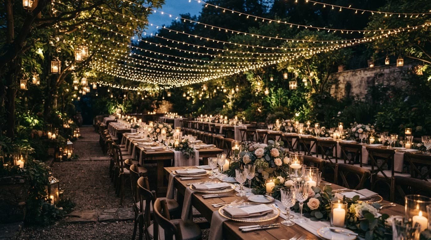 Empty wedding tables glow beneath string lights in a warmly lit reception room.