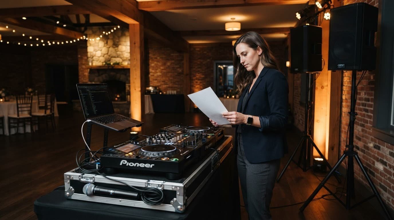 Portsmouth NH DJ Planning for Private and Corporate Events An event professional checks a timeline beside DJ speakers, lights, and an organized equipment table.