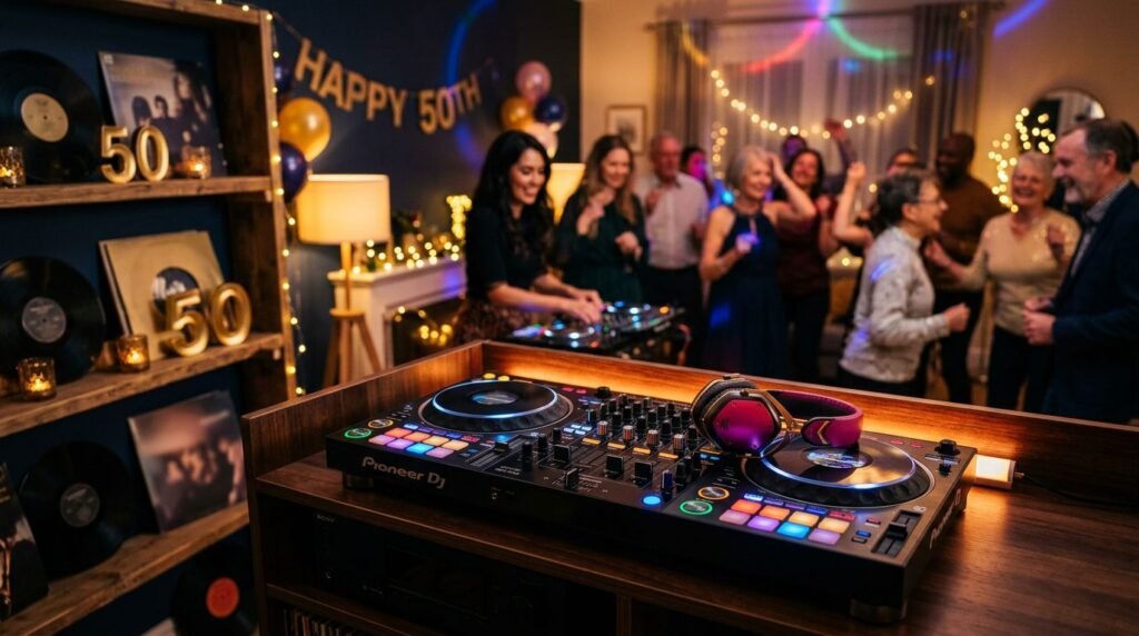 50th Birthday Party Music for Every Generation A glowing turntable and colorful headphones at a warmly lit birthday party.