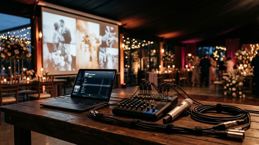 Laptop, mixer, microphone, and cables sit before a glowing slideshow screen.