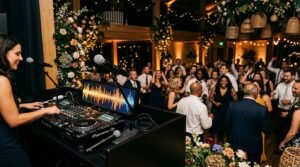 A DJ console overlooks diverse guests dancing at a warmly decorated wedding reception.