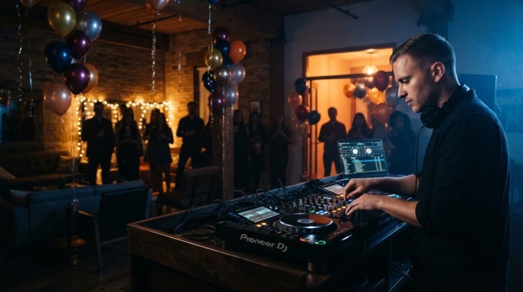 A DJ prepares music as guests hide in a decorated birthday room.
