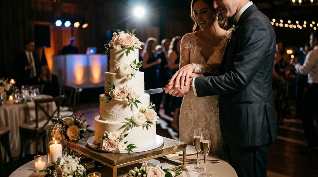 Couple cutting a floral wedding cake with a DJ booth and dance floor behind them.