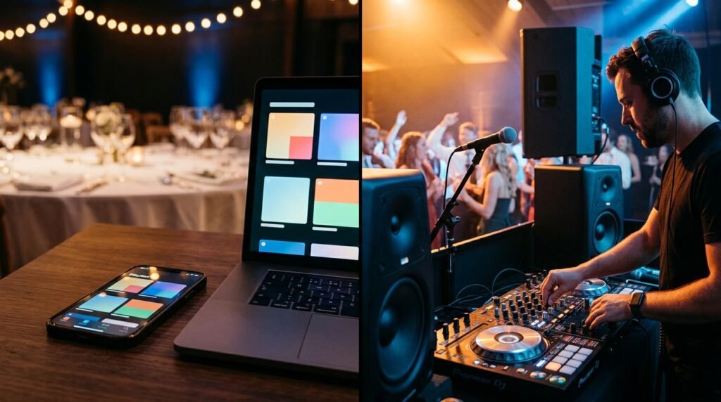 Can Spotify Replace a Wedding DJ? A smartphone playlist contrasts with a wedding DJ working at a mixing console.