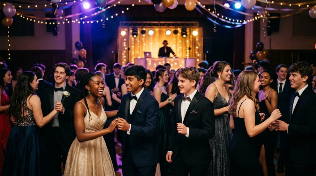Clean Prom Songs That Keep Every Dance Floor Full Students in formalwear dance beneath colorful lights at a lively prom.