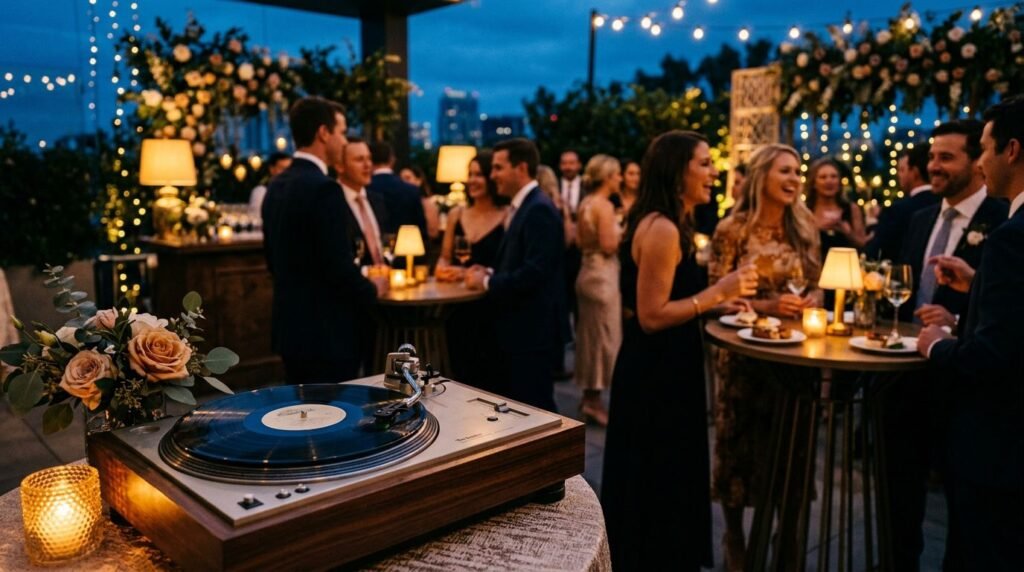 A vintage turntable and record sit before guests mingling at a warmly lit wedding reception.