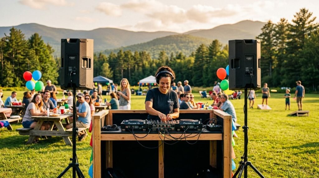 A DJ plays music beside picnic tables and lawn games in a sunny mountain meadow.