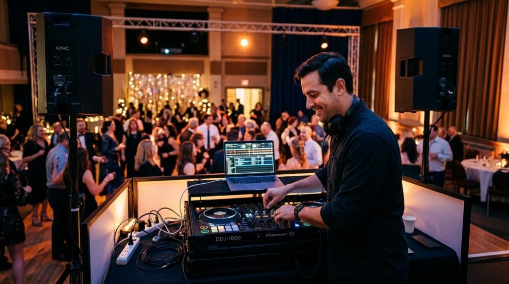 Concord NH DJ Guide for Better Community Events A DJ adjusts a mixer while guests enjoy a warmly lit community event.