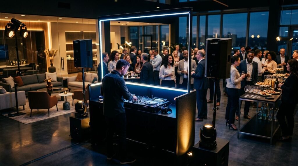 DJ booth glowing blue and gold at a polished office celebration.