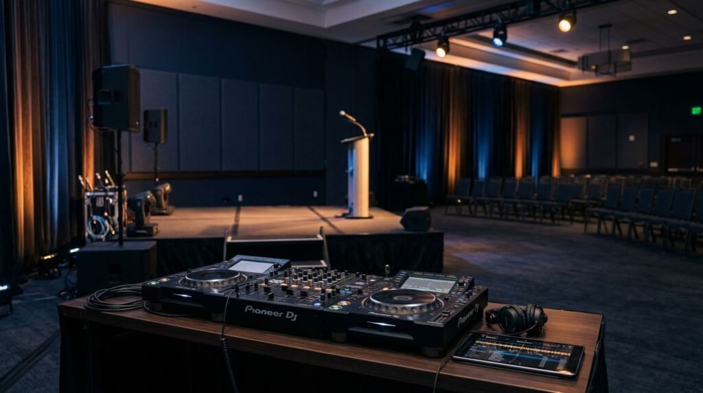 Corporate Event DJ Run of Show for New Hampshire Planners A DJ console with headphones faces a softly lit stage and podium.