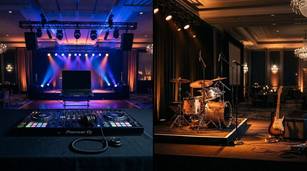 Corporate Event DJ vs Live Band: Choose With Confidence A ballroom split between a colorful DJ setup and a live band under stage lights.