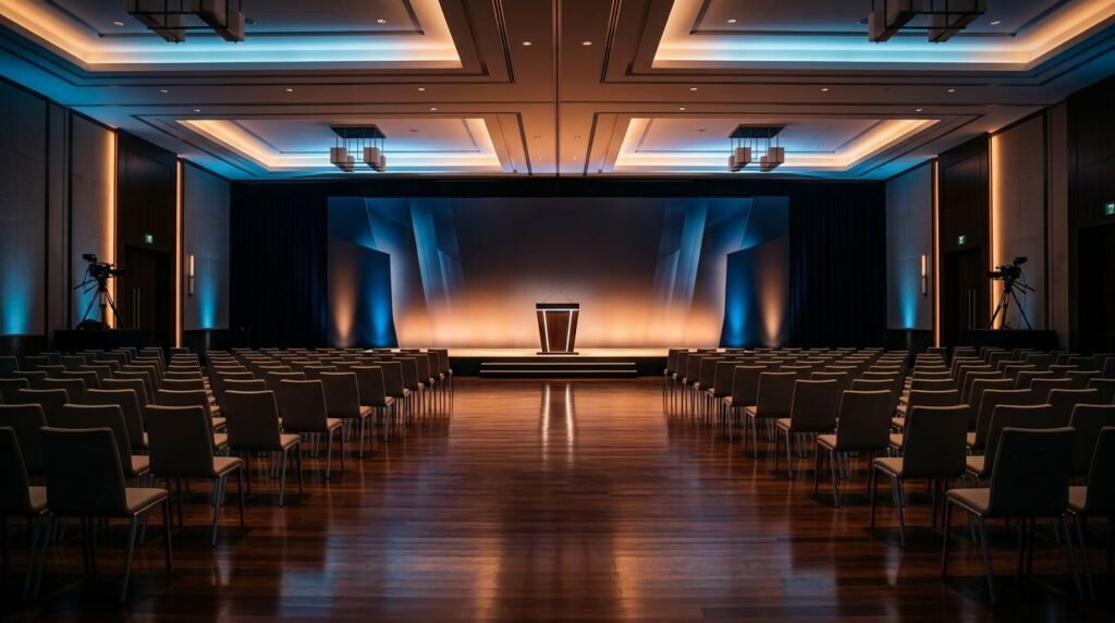 A lit stage and lectern face empty ballroom seats with blue and amber lighting.