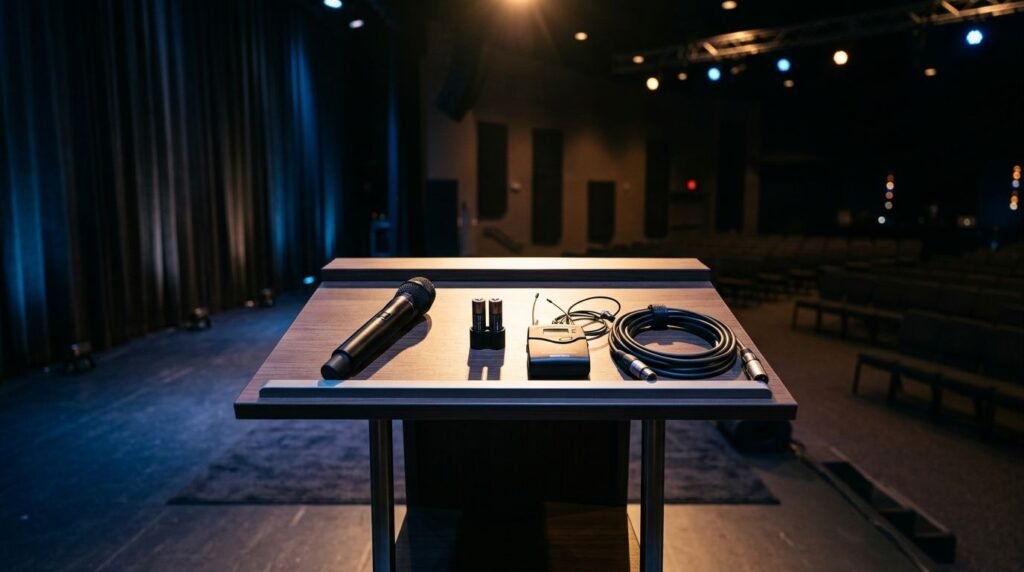 Microphone and backup equipment arranged on a podium under warm stage lights.