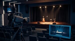 A lit conference stage with a podium, camera, and monitor showing the same performance.