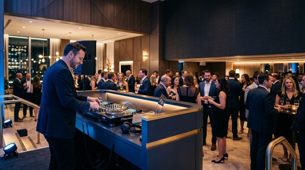 A DJ booth glows in blue and amber light as guests mingle behind it.