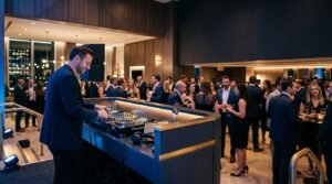 A DJ booth glows in blue and amber light as guests mingle behind it.
